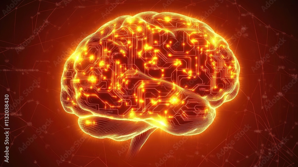 Poster futuristic brain with digital circuitry and glowing elements