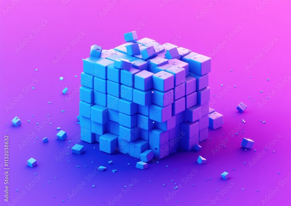 Poster exploding blue cube, abstract 3d render.