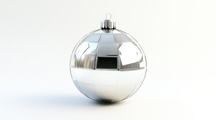 Obraz premium A silver Christmas ball with mirror-like reflective panels, resembling a disco ball, isolated on white