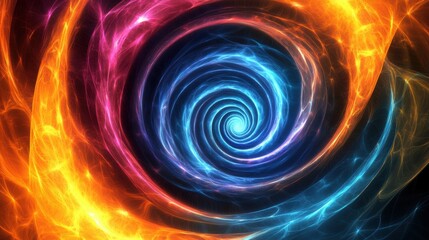 Digital abstraction featuring neon spirals converging in a glowing vortex