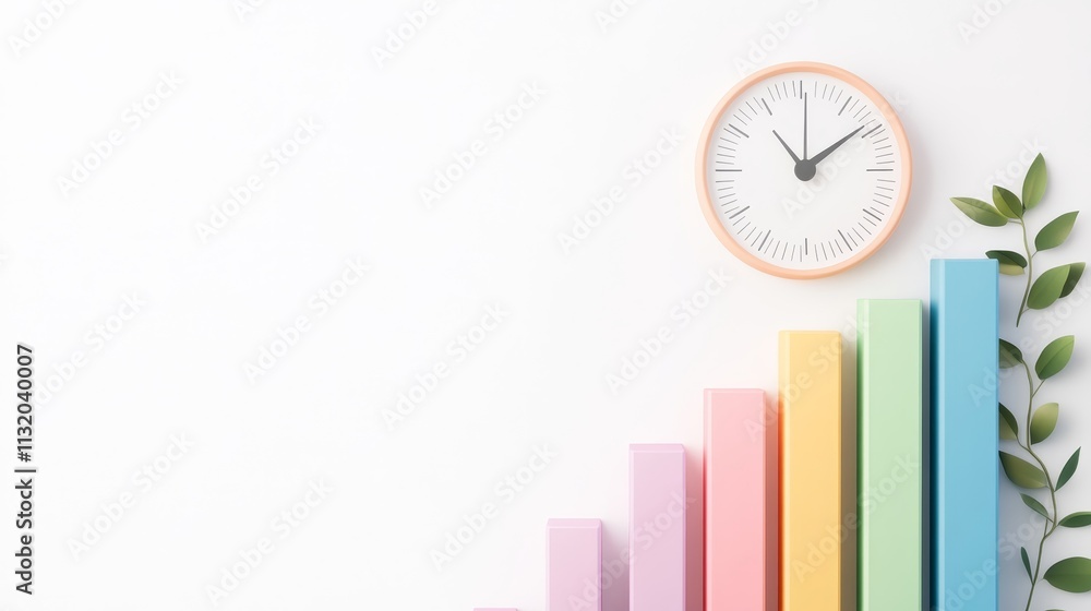 Aufkleber colorful graphs and clock on white background representing time management and progress with green l