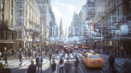 Fototapeta premium Futuristic city skyline at night with glowing data streams and wireless network icons, vibrant city lights, 5G connectivity, and digital technology 