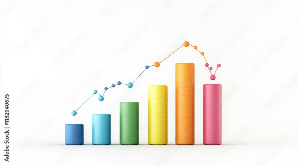 Poster colorful bar graph illustration with trend line showing data growth in a clean minimalist style perf