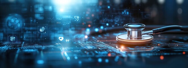 Futuristic Digital Healthcare Scene with Stethoscope Medical Icons Virtual Interface Technology