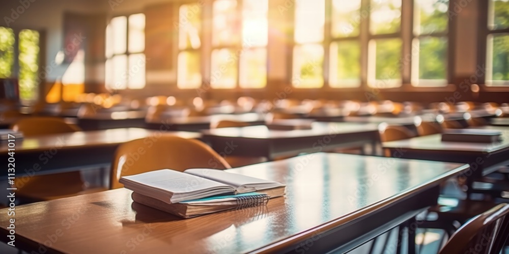 Poster tranquil classroom setting with empty desks and open book in warm natural light
