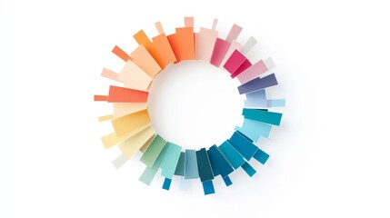 Fototapeta premium Colorful palette display with a circular arrangement of vibrant paint swatches showcasing a gradient from warm to cool tones against a clean white background