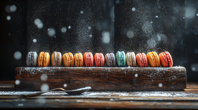 A dramatic dark background with vibrant macar
