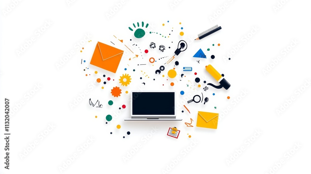 Aufkleber creative workspace concept with colorful elements representing technology, communication, and produc