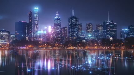 Obraz premium Futuristic city skyline at night with glowing data streams and wireless network icons, vibrant city lights, 5G connectivity, and digital technology 
