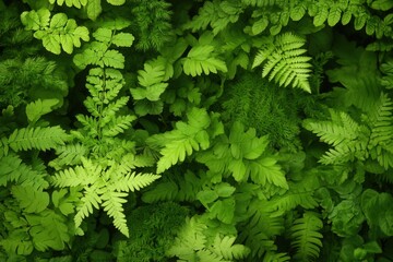 Fototapeta premium Lush green foliage with various types of ferns.
