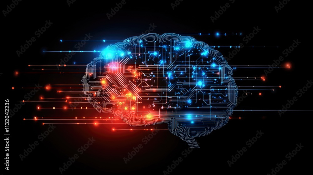 Poster futuristic digital brain with circuit patterns and light effects