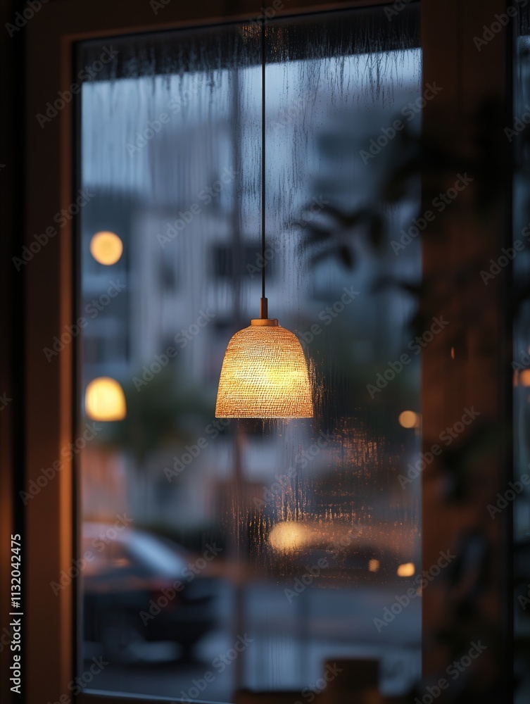 Poster the reflection of a hanging lamp on a window.