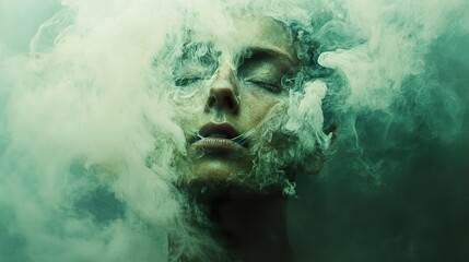 Fototapeta premium Enigmatic Woman in Green Smoke: A Surreal Portrait