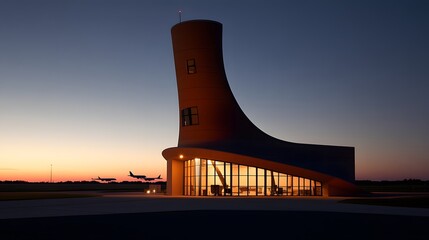 Fototapeta premium Air traffic control tower overseeing a bustling airport, ensuring safe and efficient aircraft movements, symbolizing coordination and precision in aviation operations