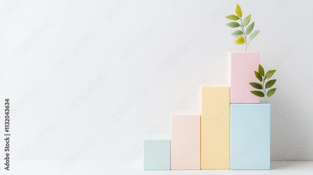 Aufkleber colorful geometric blocks with green leaves arranged in an ascending order against a minimalistic wh