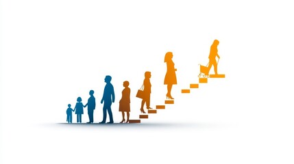 Fototapeta premium Depiction of Human Progression Through Stages of Life with Figures Climbing Stairs Symbolizing Growth and Development in a Minimalist Graphic Style
