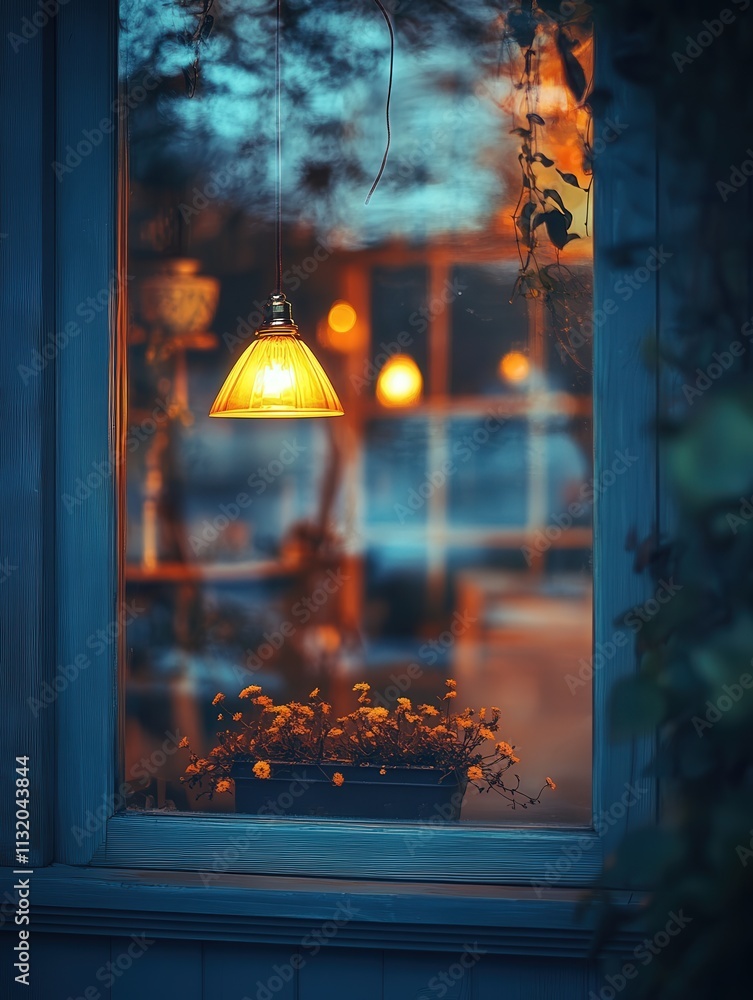 Poster the reflection of a hanging lamp on a window