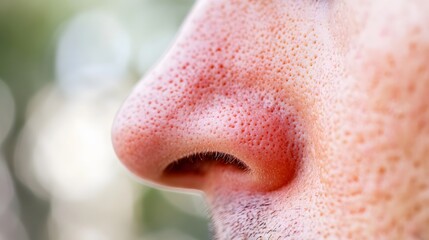 Fototapeta premium Close up of red irritated nose, emphasizing the discomfort and struggle of allergies or cold symptoms, highlighting the human vulnerability and resilience in the face of common ailments