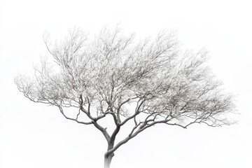 Fototapeta premium A single, leafless tree with thin branches against a white background.