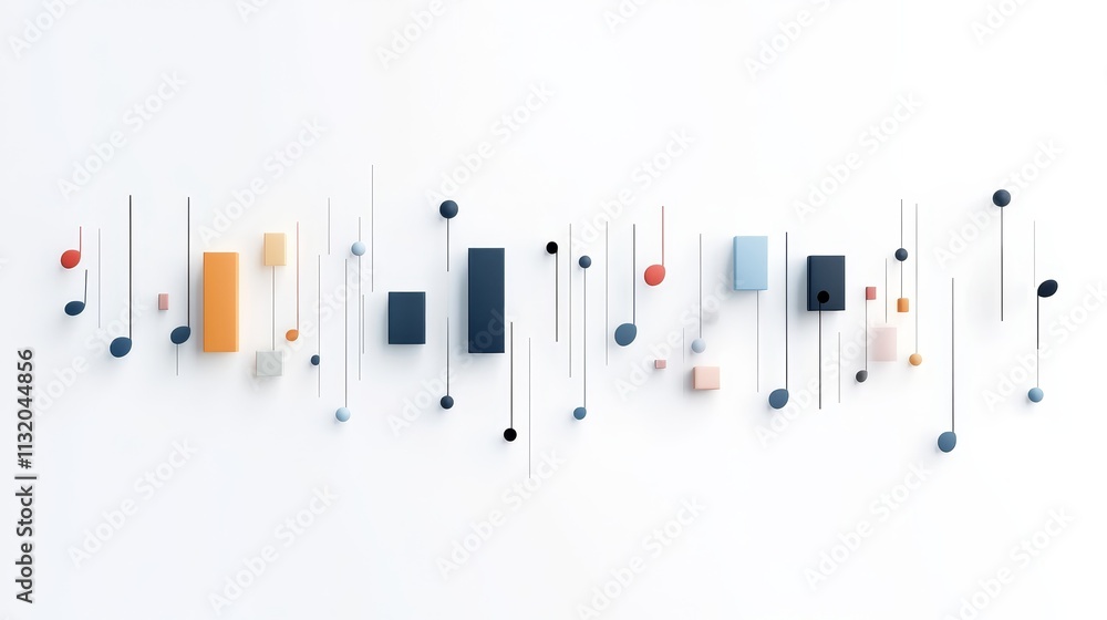 Poster abstract music composition with colorful geometric shapes and lines on a white background for creati