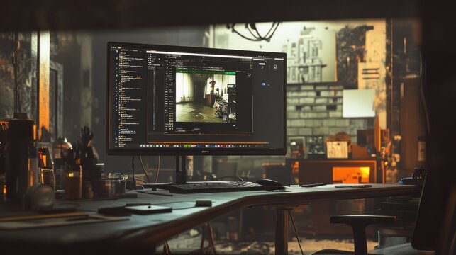 Programmer's workspace with computer displaying code and video editing software.