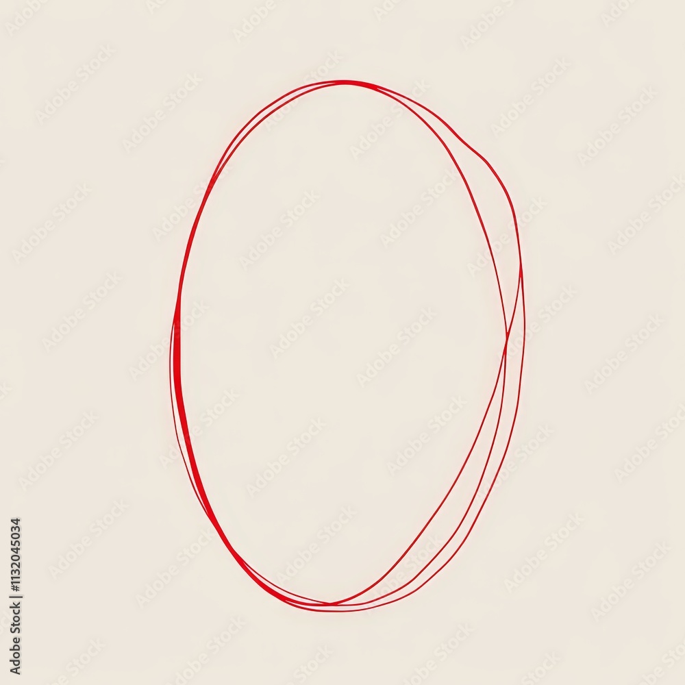 Poster abstract red oval shape drawn with thin lines on a light beige background.