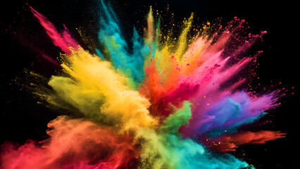 Close up abstract colorful of powder coat explotion, dispersion on black background. Generative AI.