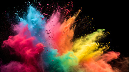 Close up abstract colorful of powder coat explotion, dispersion on black background. Generative AI.