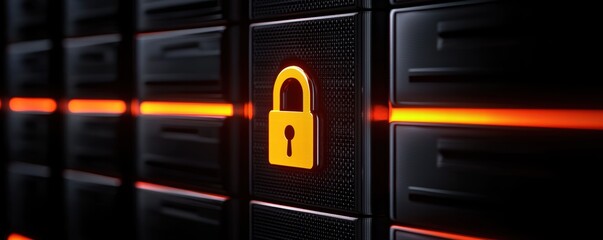 Obraz premium A close-up image of a secured data server with a lock symbol, representing digital security and data protection.