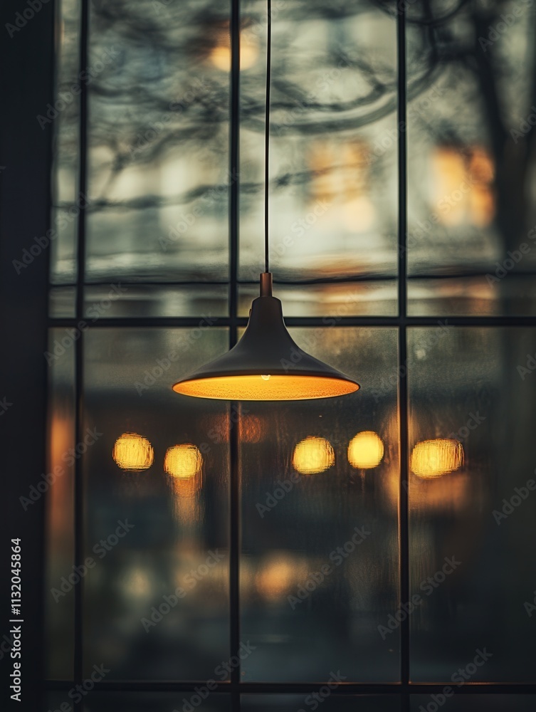 Poster a reflection on a window, where the soft glow of a hanging lamp creates a warm contrast with the sur