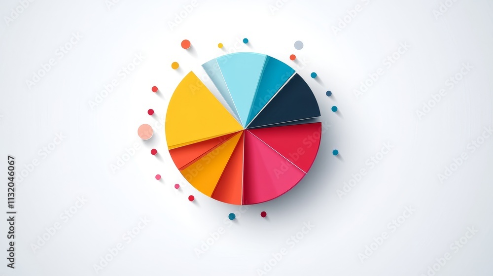 Poster colorful 3d pie chart illustration with geometric shapes and colorful dots on white background for d