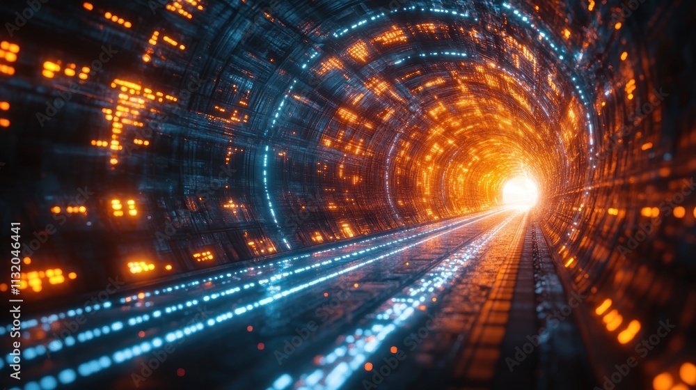 Poster futuristic digital tunnel with vibrant lights and high-speed data transfer in cyberpunk style