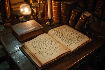 A vintage scene featuring an open book with handwritten notes, surrounded by old books and a warm glow from a nearby lamp.