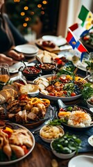 Multicultural Family Dinner Celebrating New Year with Global Dishes, Global Unity and Celebrations, New Year's day, New Year's Eve 