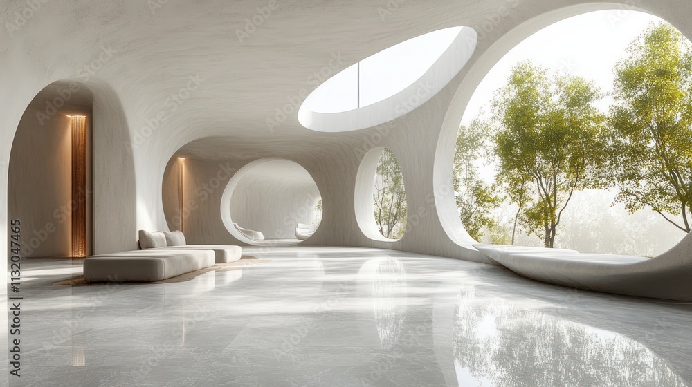 Poster minimalist architectural interior with smooth curved lines and soft natural light