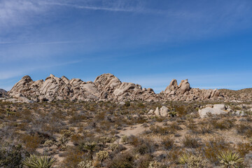 Fototapeta premium Boulders Viewpoint Area / Granite Pass, Mojave National Preserve, Kelbaker Road, San Bernardino County, California. Mojave Desert / Basin and Range Province. Granite Mountains