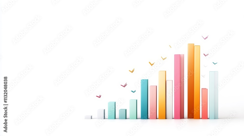 Poster colorful bar graph with floating birds illustrating growth and success in business and finance conce