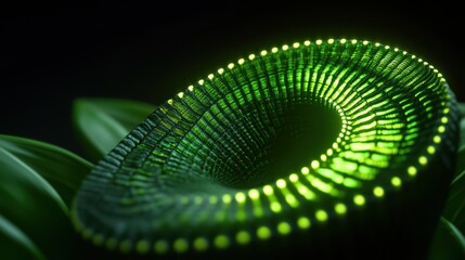 A mesmerizing green spiral design intertwined with nature, showcasing vibrant colors and modern aesthetics.