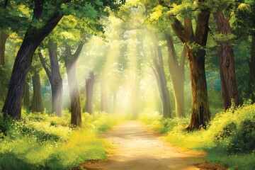 Obraz premium Sunlit Forest Path: A Serene Digital Painting