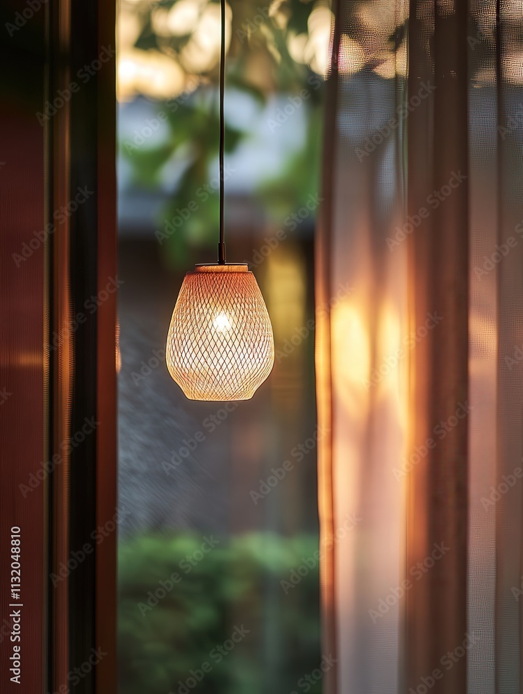 Poster the reflection of a hanging lamp on a window. the soft light of the lamp merges with the reflective 
