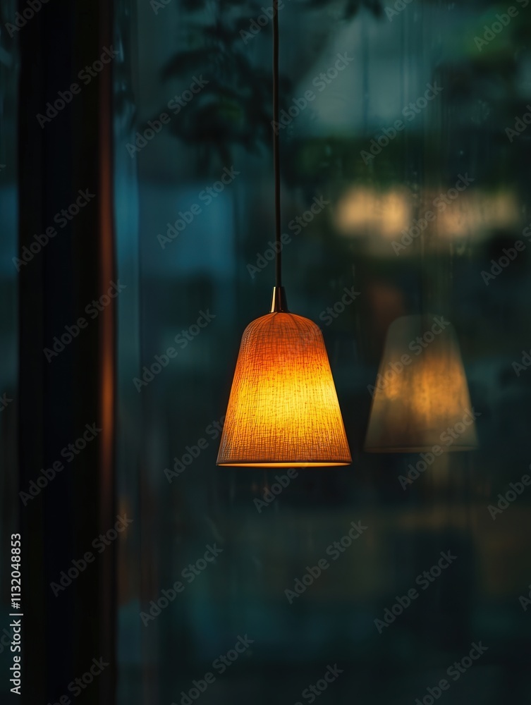Poster the reflection of a hanging lamp on a window. the soft light of the lamp merges with the reflective 