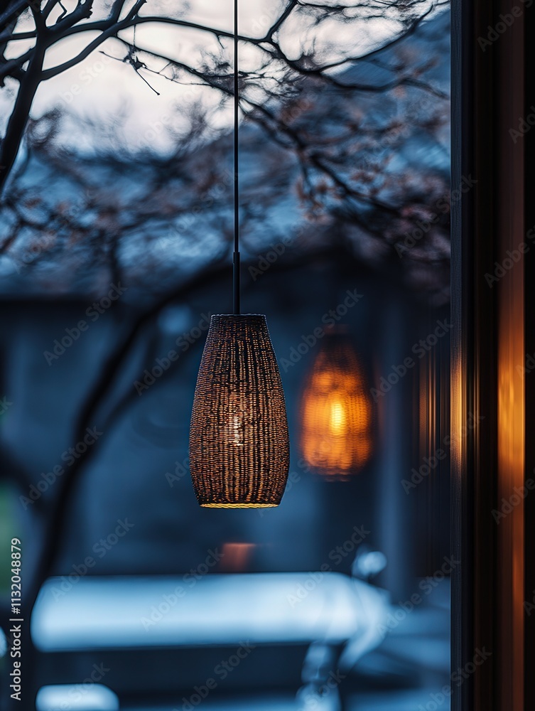 Poster the reflection of a hanging lamp on a window. the soft light of the lamp merges with the reflective 