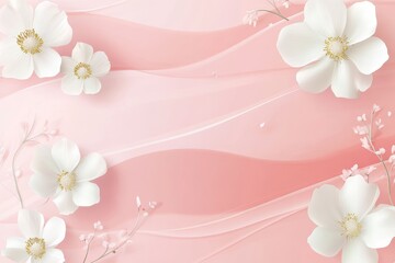 Soft pink wavy background with white flowers.