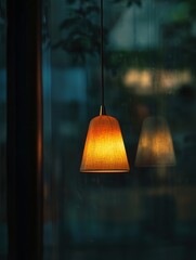 the reflection of a hanging lamp on a window. The soft light of the lamp merges with the reflective surface