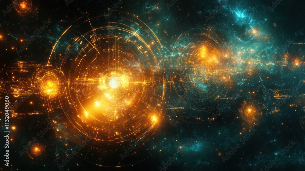 Poster abstract cosmic background with glowing orbs and intricate patterns.