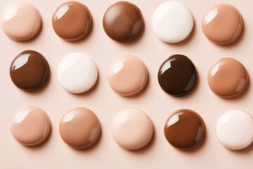 Glossy round shapes in a gradient of mocha mousse tones, arranged in a neat grid, showcasing a modern and minimalist design with warm neutral colors