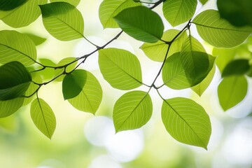 Obraz premium Lush green leaves illuminated by soft natural light.