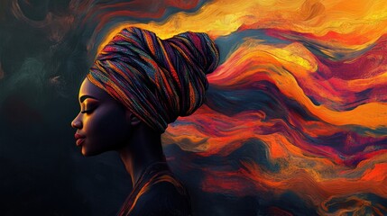 Serene Black woman in profile with vibrant, colorful headwrap and flowing abstract paint.