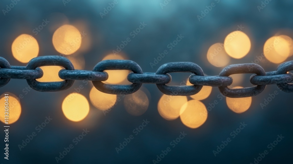 Poster strong metal chain links bokeh background connection security