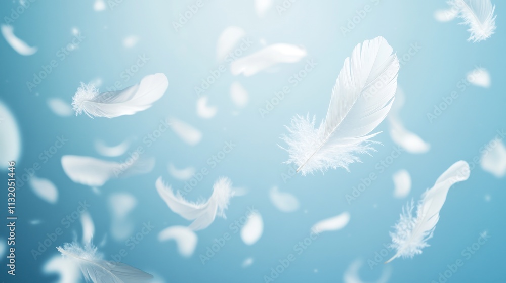 Poster a serene blue background with floating white feathers, evoking calmness and lightness.